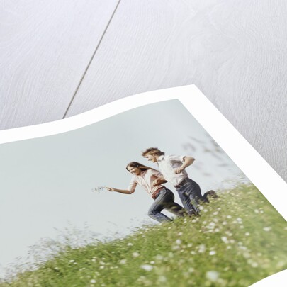 Young teen couple boy girl running field wildflowers by Anonymous
