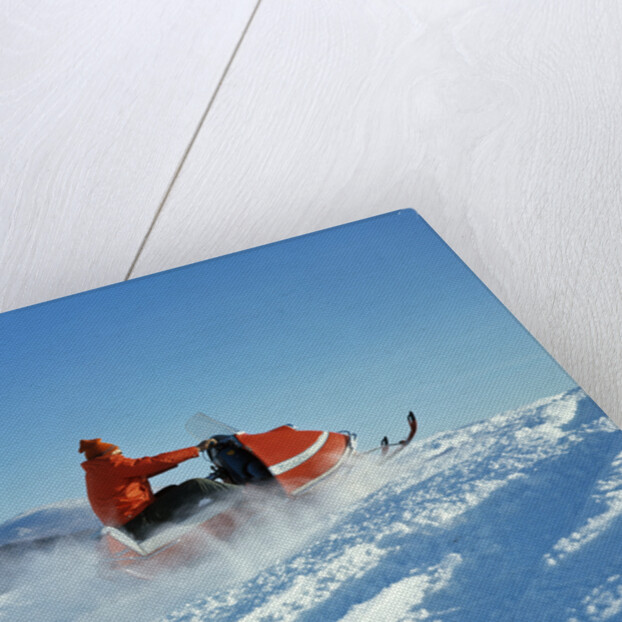 Man wearing red jacket and hat driving snowmobile by Anonymous