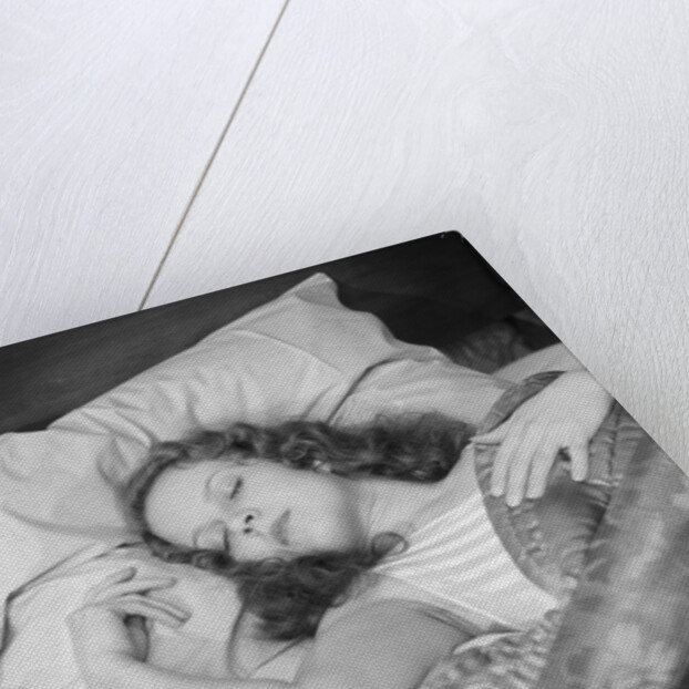 Woman sleeping asleep in bed alarm clock on night table by Anonymous
