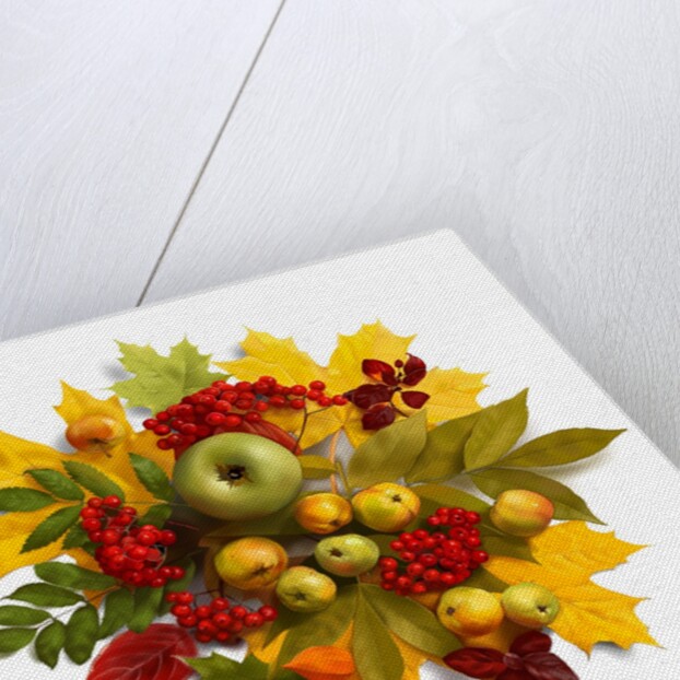 An autumn wreath with leaves, apples and berries by Anonymous