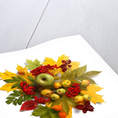 An autumn wreath with leaves, apples and berries by Anonymous