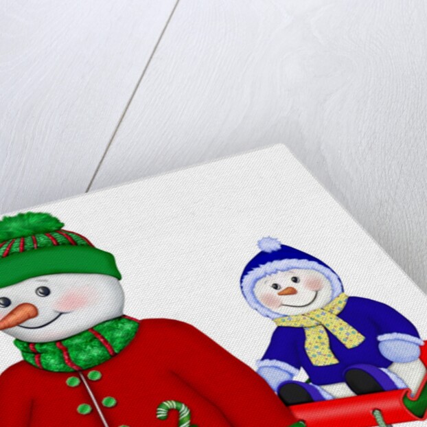 A well rugged up snowman with a child on his sled by Anonymous