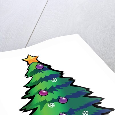 A Christmas tree with ornaments, snowflakes and a star by Anonymous
