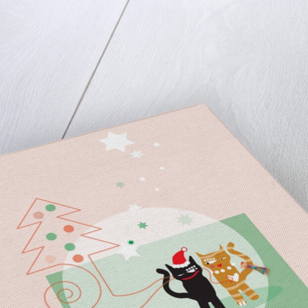 Two cats next to a Christmas tree and stars on a pink background by Anonymous