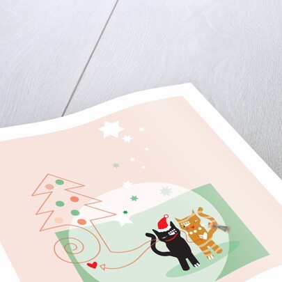 Two cats next to a Christmas tree and stars on a pink background by Anonymous