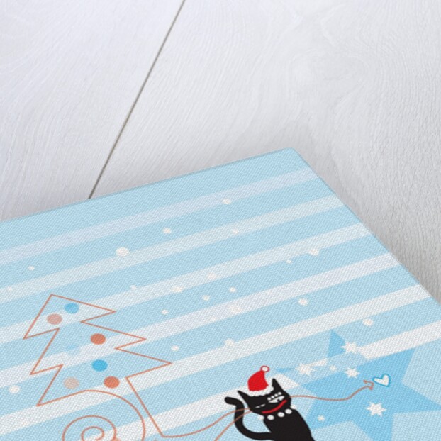A black cat wearing a Santa hat next to a Christmas tree and stars by Anonymous