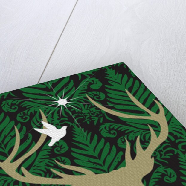 Silhouette of a deer, a dove and a star against a decorative background by Anonymous