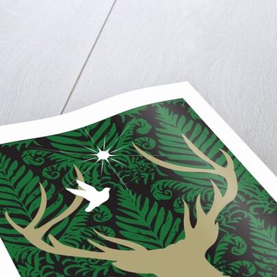 Silhouette of a deer, a dove and a star against a decorative background by Anonymous