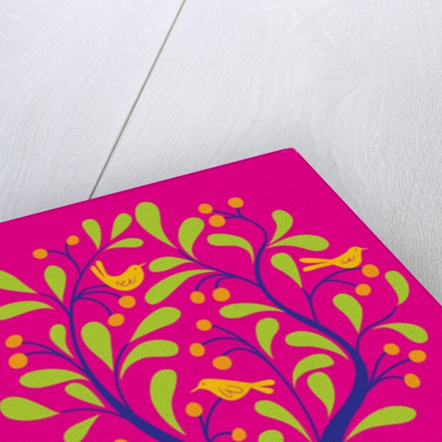A fruit tree with birds in it on a pink background by Anonymous