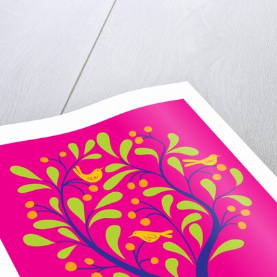 A fruit tree with birds in it on a pink background by Anonymous