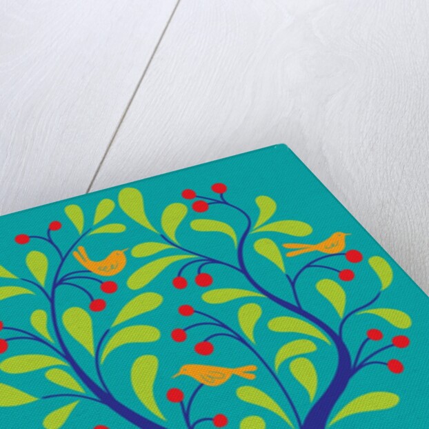 A fruit tree with birds in it on a turquoise background by Anonymous