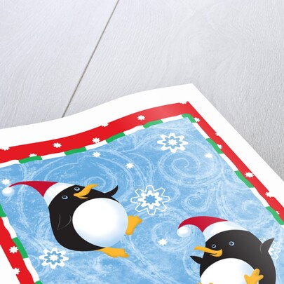 Two penguins in Santa hats playing in the snow by Anonymous