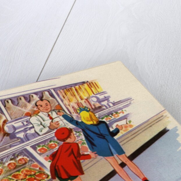 Boy and girl shopping at butcher shop by Anonymous
