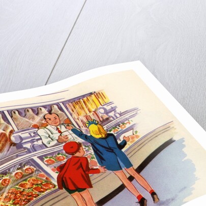 Boy and girl shopping at butcher shop by Anonymous