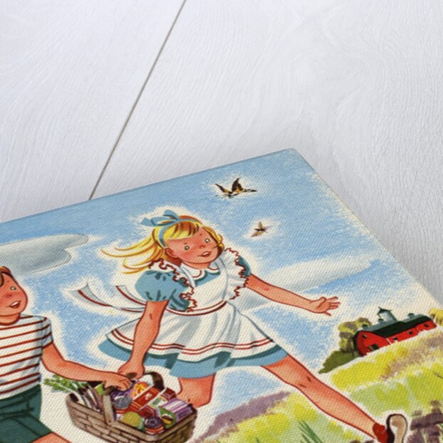 Boy and girl running with basket of groceries by Anonymous