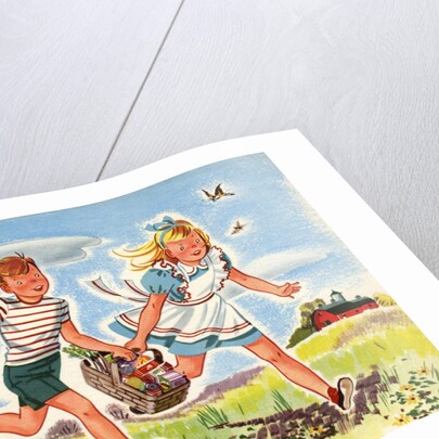 Boy and girl running with basket of groceries by Anonymous