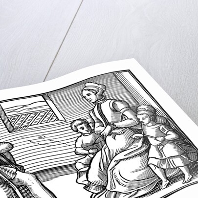 Woodcut of Puritan family learning to sing psalms by Anonymous