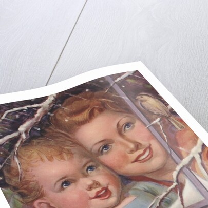 Mother and child looking at bird through window by Anonymous