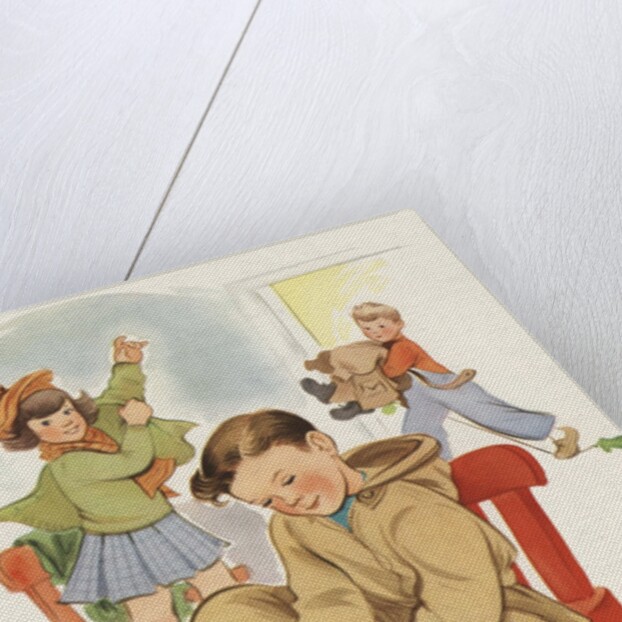 Children putting on winter clothes for outdoor play by Anonymous