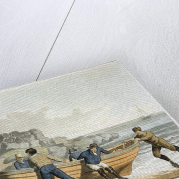 Men hauling dinghy to shore by Anonymous