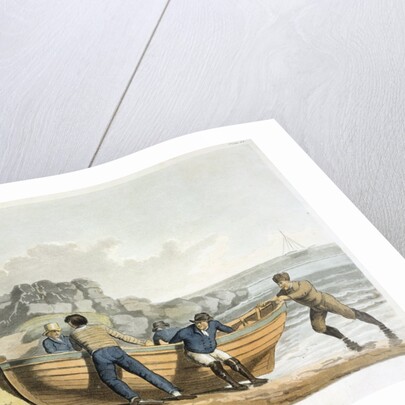 Men hauling dinghy to shore by Anonymous