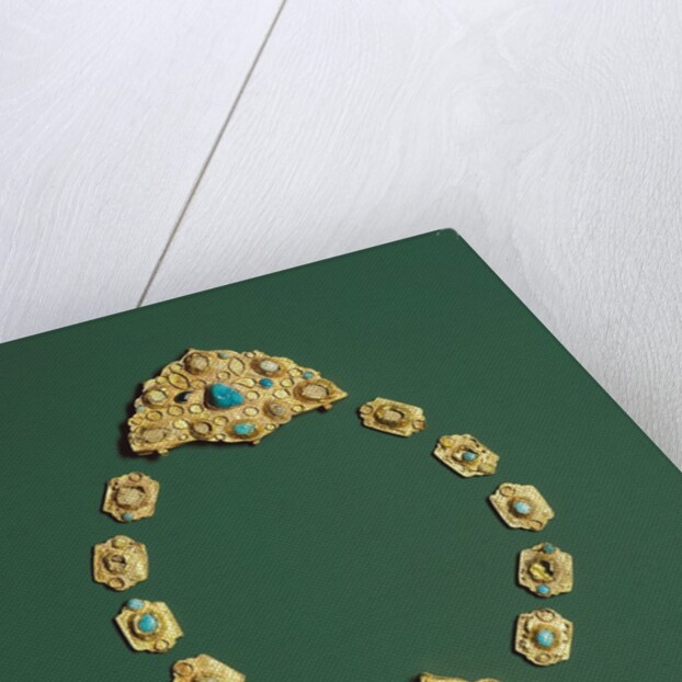 Pieces of a gold necklace with grey chalcedony, turquoise, and glass by Anonymous