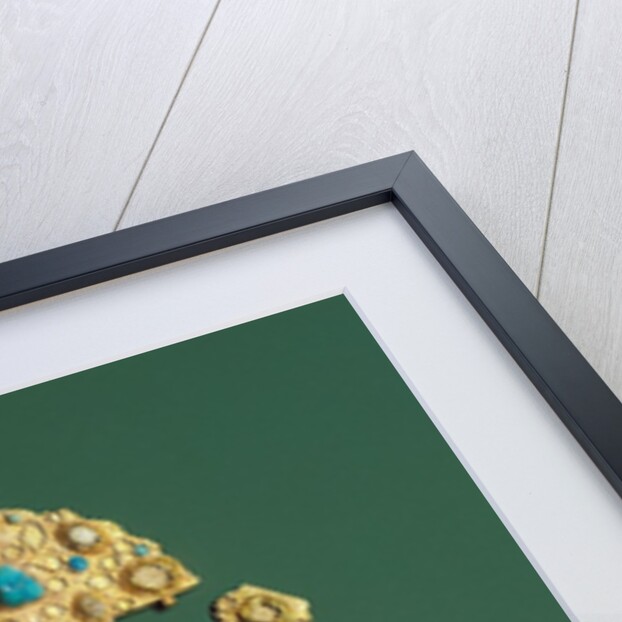 Pieces of a gold necklace with grey chalcedony, turquoise, and glass by Anonymous