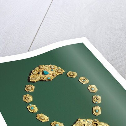 Pieces of a gold necklace with grey chalcedony, turquoise, and glass by Anonymous