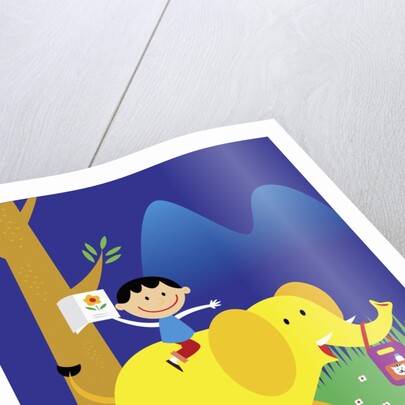 Boy Riding Elephant by Anonymous