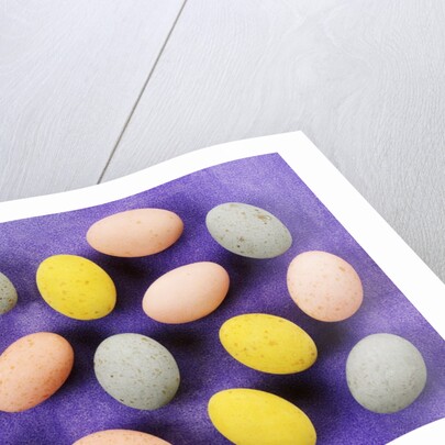Small coloured Easter eggs on purple background by Anonymous