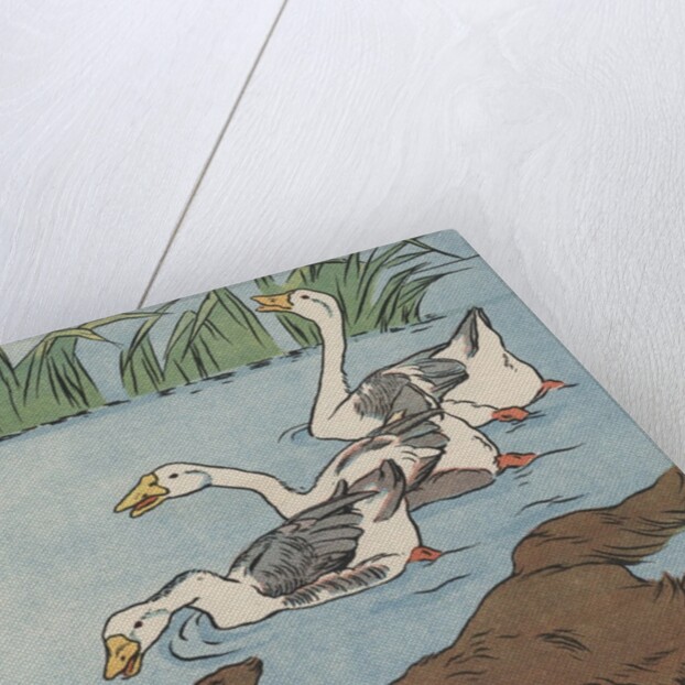 Illustration of geese honking at dog stealing food from basket by Anonymous