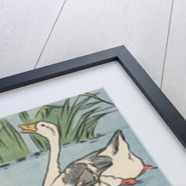 Illustration of geese honking at dog stealing food from basket by Anonymous