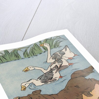 Illustration of geese honking at dog stealing food from basket by Anonymous