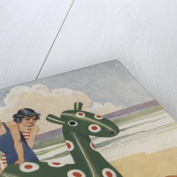 Illustration of dog frightened by inflatable beach toy by Anonymous