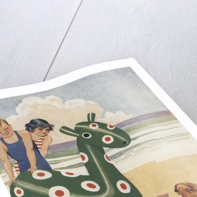 Illustration of dog frightened by inflatable beach toy by Anonymous