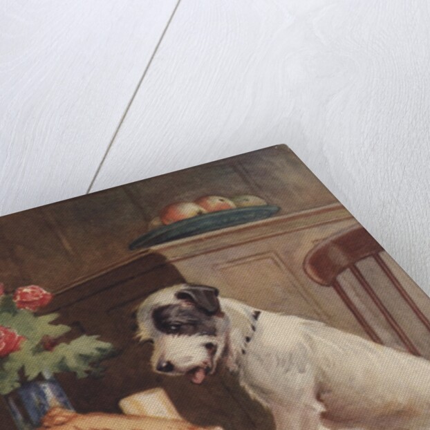 Illustration of dog eyeing pie on table by Anonymous