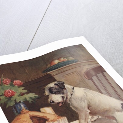 Illustration of dog eyeing pie on table by Anonymous