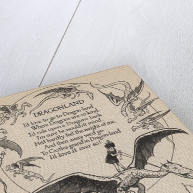 Illustration of girl riding flying dragon by Anonymous