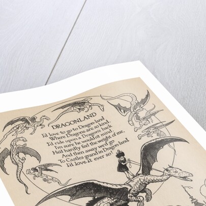 Illustration of girl riding flying dragon by Anonymous