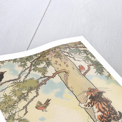 Illustration of cats chasing birds up tree by Anonymous