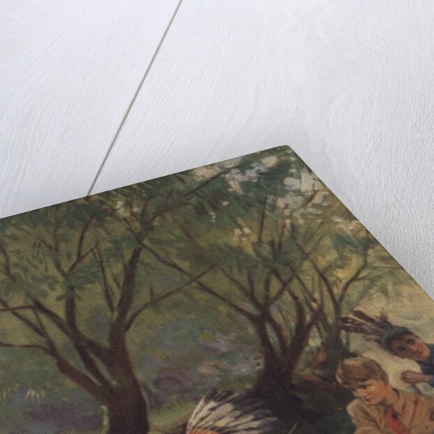 Illustration of three boys in canoe by Anonymous