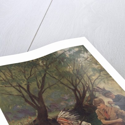 Illustration of three boys in canoe by Anonymous