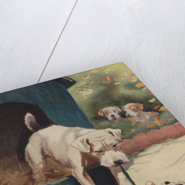 Illustration of dog looking at another dog holding bone by Anonymous