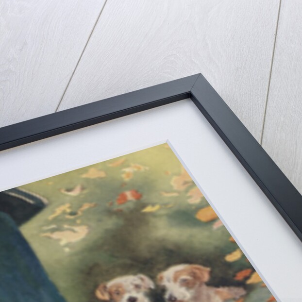 Illustration of dog looking at another dog holding bone by Anonymous