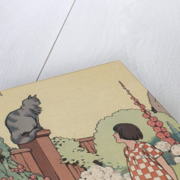 Illustration of girl looking at cat sitting on fence by Anonymous