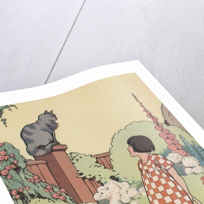 Illustration of girl looking at cat sitting on fence by Anonymous