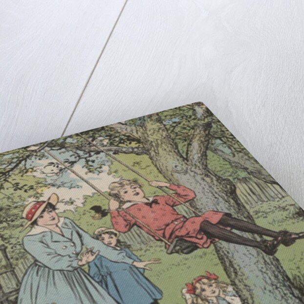 Illustration of children playing on swing by Anonymous