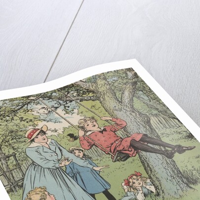 Illustration of children playing on swing by Anonymous