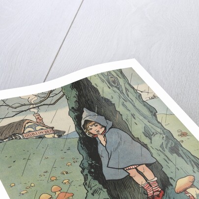 Illustration of girl watching goblins sitting under mushrooms by Anonymous