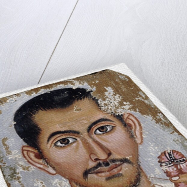 Fayum portrait of a man holding a small glass vessel and garland by Anonymous
